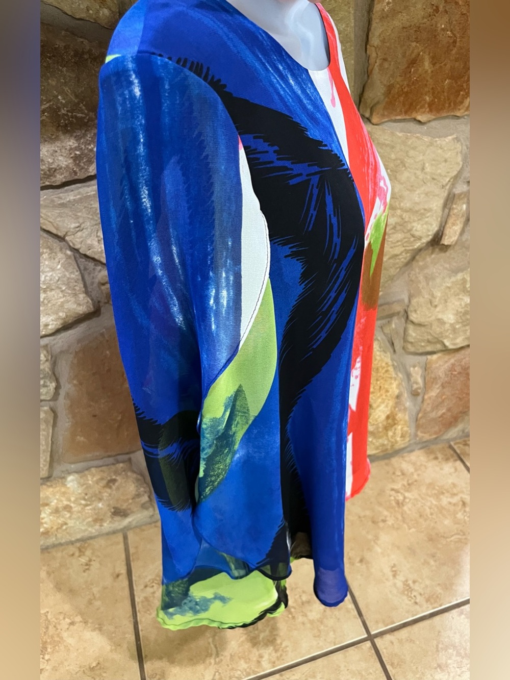 Ali Miles Colorful Artsy Light Flowy Lined Blouse Women Large Semi Sheer Sleeves - Picture 4 of 15